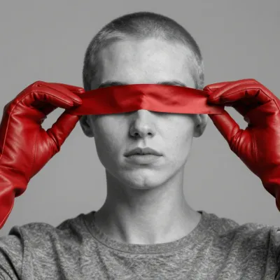Person Covering Eyes with Red Tape - Fashion - AI generated image