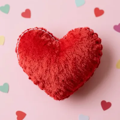 Red Plush Heart Softly Lit on Pastel Background - Decor - AI generated image