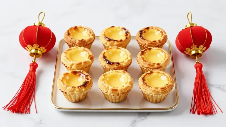 Portuguese Egg Tarts Arranged with Red Lanterns - Food - AI generated image
