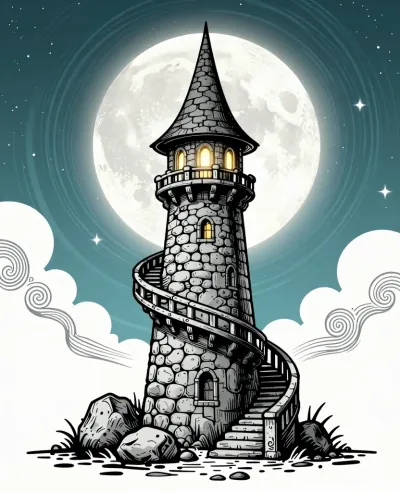 Spiral Tower Illuminated by Full Moon - Architecture - AI generated image