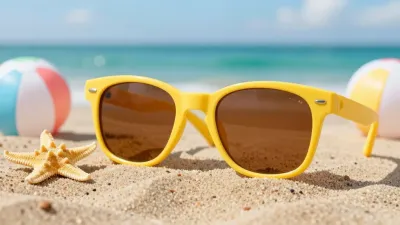 Yellow Sunglasses and Starfish on Sandy Shore - Beach - AI generated image