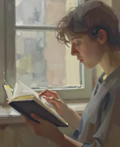 Young Person Reading Softly Lit Book - Portrait - AI generated image