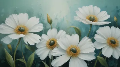 White Daisies Blooming in Impasto Textured Background - Flowers - AI generated image