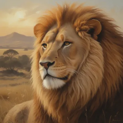 Golden Lion in Savanna at Sunset - Wildlife - AI generated image
