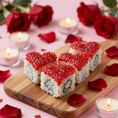 Heart-Shaped Sushi Rolls with Red Caviar - Food - AI generated image
