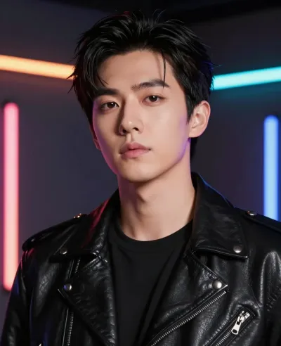 Young Individual in Leather Jacket Neon Backdrop - People - AI generated image