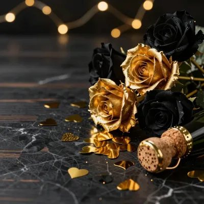 Golden Roses on Marble with Cork Stoppers - Flowers - AI generated image