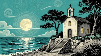 Seaside Chapel with Stone Steps and Bell Tower - Architecture - AI generated image