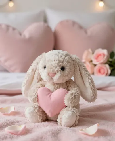 Plush Bunny Holding Pink Heart in Dreamy Bed - Toy - AI generated image