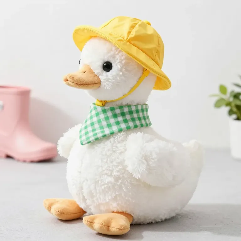 Plush Duck Wearing Yellow Hat and Green Scarf - Plush - AI generated image